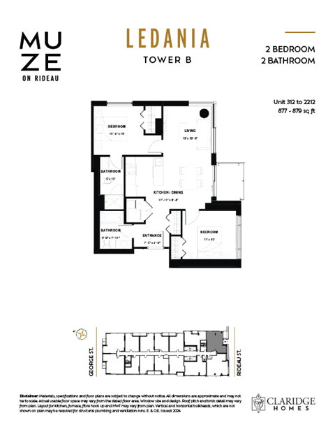 Floor plan for 2 beds, 2 baths, 877 sqft